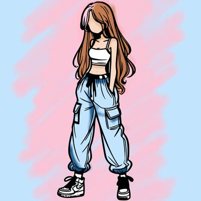 girl in baggy pants crop top and long hair