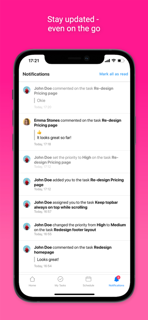 Upbase - Upbase mobile app notifications screen showing task updates and team comments
