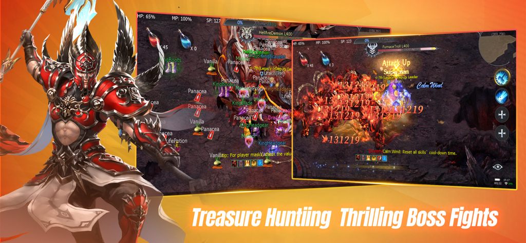 Conquer Online 2のヒーロー的な戦士キャラクターとボス戦のゲームプレイ。