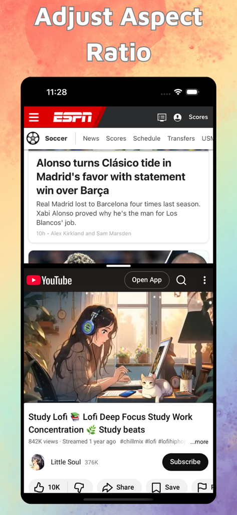 Pantalla dividida de iPhone mostrando noticias de ESPN y un video lofi de estudio de YouTube simultáneamente