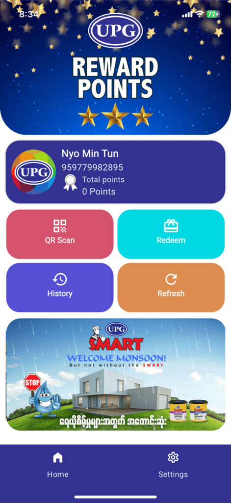 UPG Rewards - Panel de la aplicación móvil UPG Rewards con puntos de usuario y menú de escaneo de códigos QR