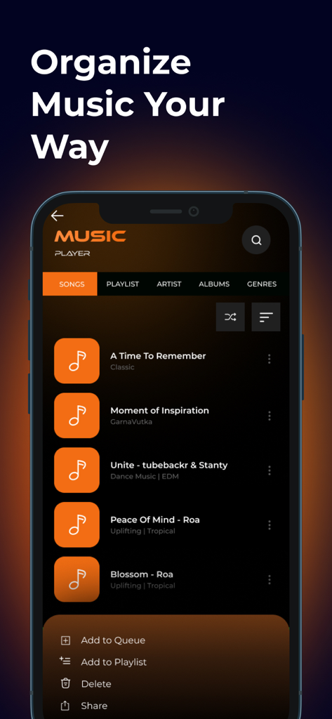 Resso Music - Discover Songs - A mobile app interface for organizing music with a list of songs and playback options in a dark theme