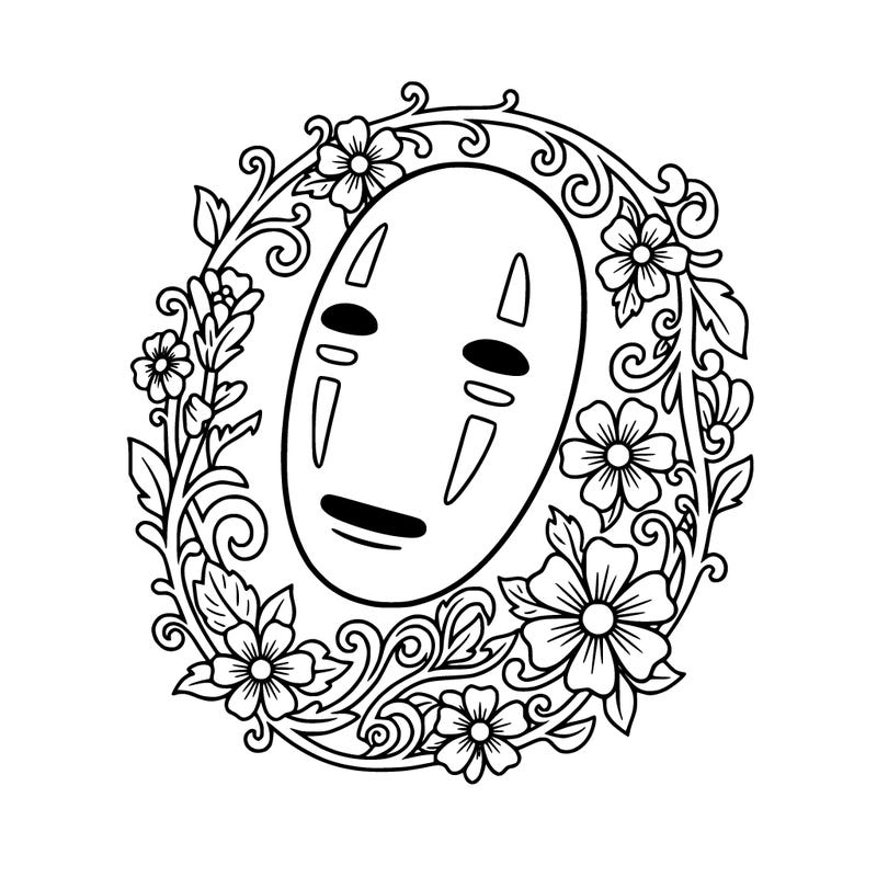 a close  up of no-face mask from spirited away in a frame of flowers around the based of his head