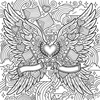 Embrace the spirit of love and unity with this stunning Cupid's Wings and Pride coloring page. This intricate design beautifully blends majestic feathered wings with vibrant symbols of Pride Month, perfect for celebrating diversity.