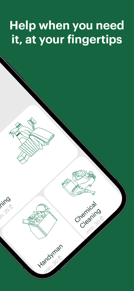 Profy app interface showing handyman and cleaning service options