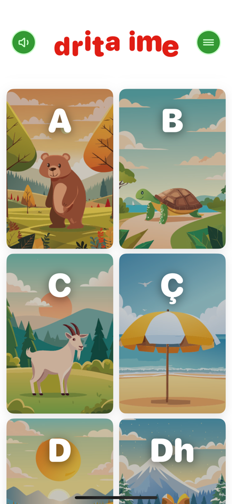Drita ime - Tarjetas educativas que muestran letras albanesas con ilustraciones en la aplicación Drita ime