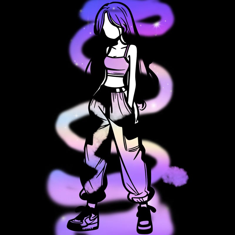 girl in baggy pants crop top and long hair