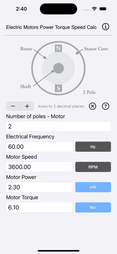 Oberfläche der App Electric Motors Speed Calc, die ein technisches Diagramm eines Motors mit Eingabefeldern für Pole, Frequenz, Geschwindigkeit, Leistung und Drehmoment zeigt