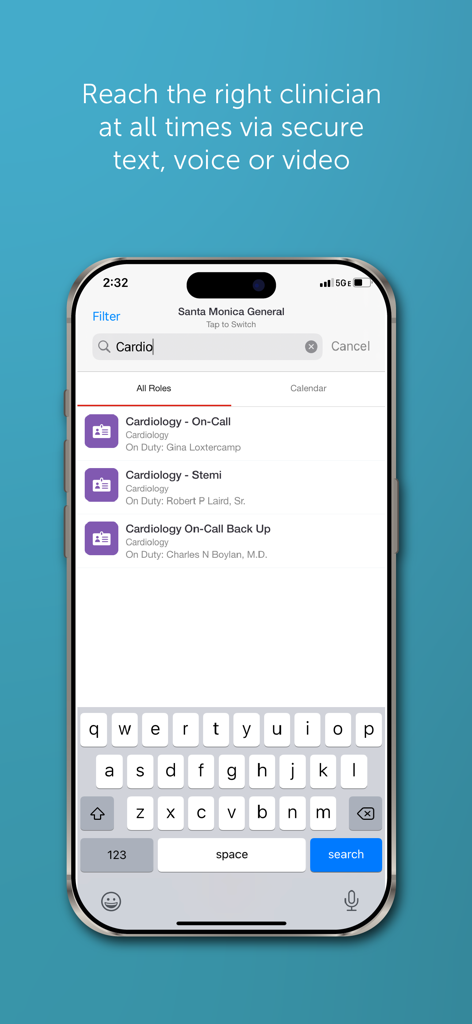 TigerConnect app interface showing search results for on-call cardiology clinicians at a hospital