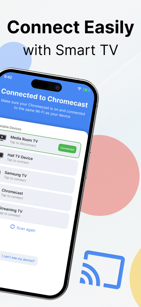 Interface of the Castify app showing a list of available smart TVs and Chromecast devices for screen mirroring