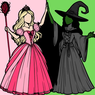 detailed realistic split of a princess and a witch