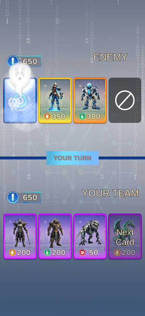 AI Robot Fusion Forge - Pantalla de batalla en AI Robot Fusion Forge mostrando equipos de cartas de robots del jugador y del enemigo.