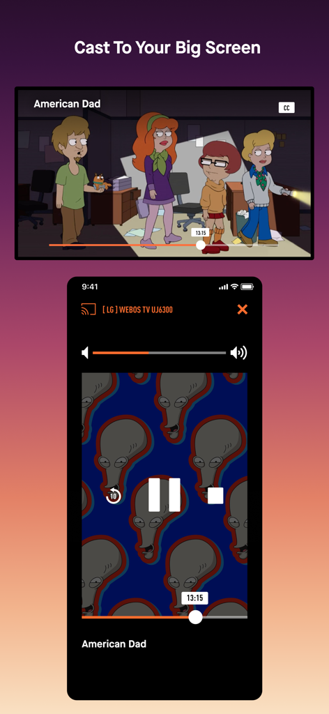Watch TBS - Interfaz de la aplicación Watch TBS que muestra la función de transmitir a TV mientras se reproduce American Dad.