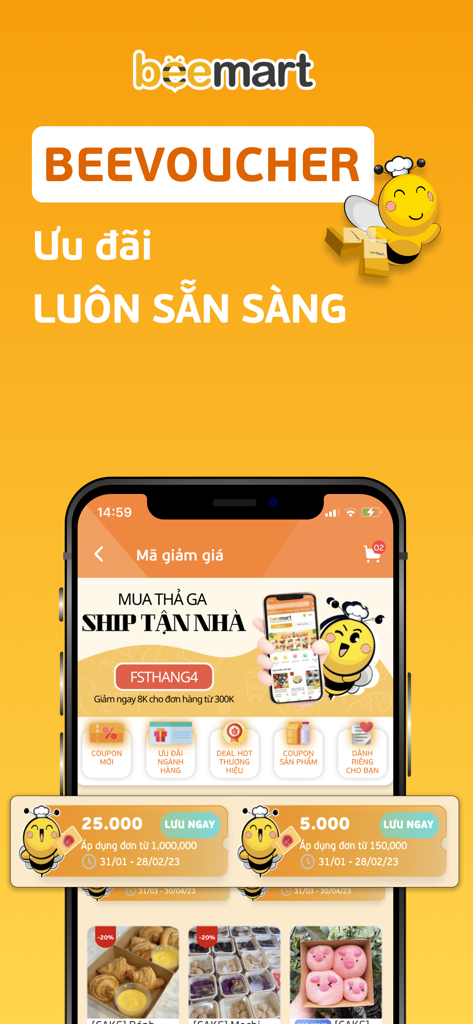 Beemart app screen displaying discount coupons and shopping vouchers
