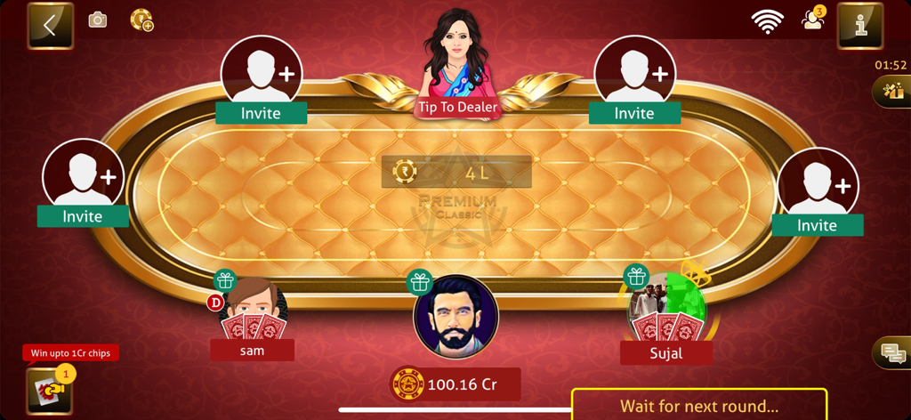 Teen Patti Game - 3Patti Poker - 플레이어 아바타와 딜러가 있는 가상 포커 테이블을 보여주는 Teen Patti 3Patti Poker 게임 플레이 화면