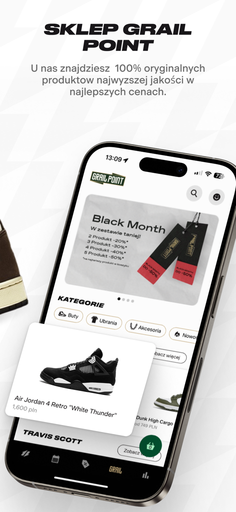 Grailz – Sneakers i Streetwear - Pantalla de la aplicación Grailz mostrando sneakers Air Jordan 4 Retro White Thunder y categorías de streetwear.