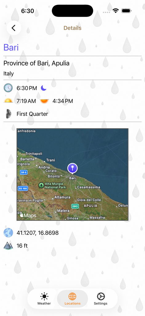 Vista detallada del clima y la ubicación para Bari, Italia en la aplicación Planet Weather que muestra datos celestes y el mapa.