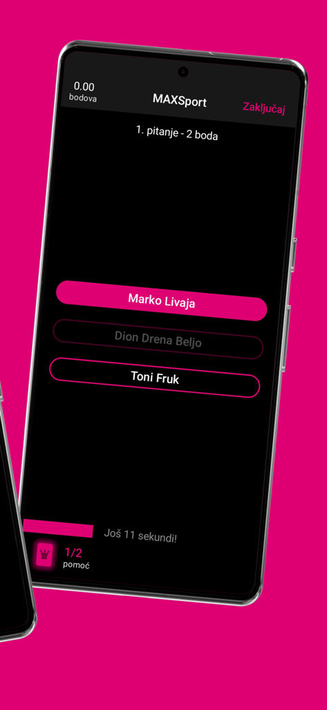 MAXSport Kviz - Live sports quiz interface with football player options and a countdown timer.