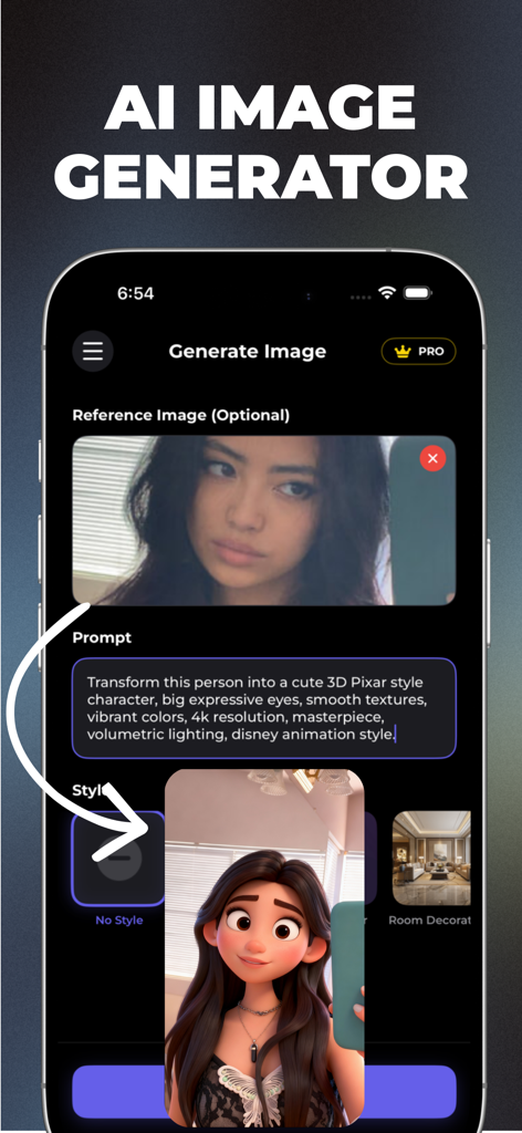 AI Video Generator Astoria - Interfaz de la aplicación Astoria AI que muestra una foto de una mujer transformada en un personaje animado estilo Pixar 3D.