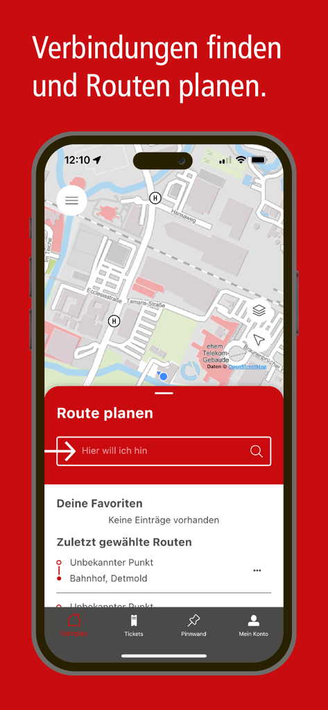 Écran du planificateur d'itinéraires de l'application Lippemobil avec carte et recherche de destination