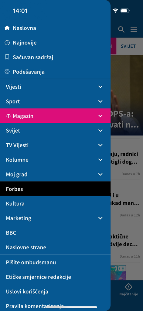 Menu lateral de navegação do aplicativo de notícias Vijesti mostrando categorias em montenegrino como Desporto, Mundo e Cultura