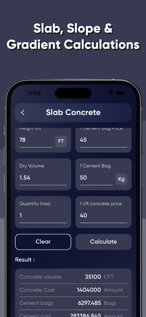 Civil Site Engineer App - Eine mobile Oberfläche für die Civil Site Engineer App, die Berechnungen für das Betonvolumen und die Kosten von Stahlbetondecken anzeigt.
