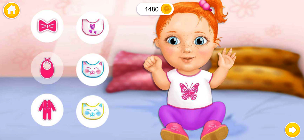 A baby girl character with red hair and freckles in a dress-up scene with various clothing icons