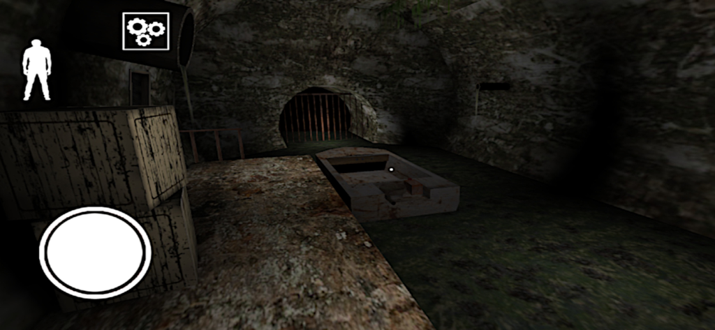 Granny: Chapter Two - Dark underground sewer area with a small boat and wooden crates in Granny Chapter Two game