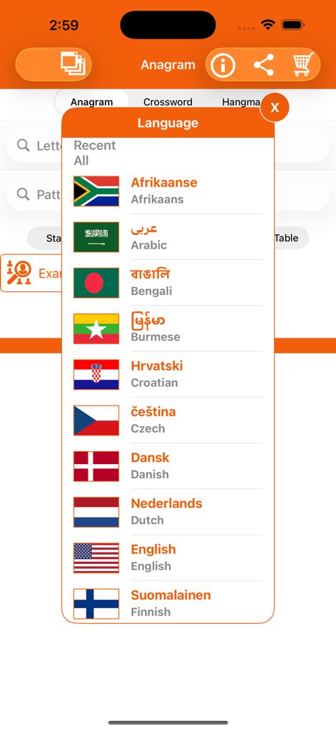 Anagram Solver: Crossword Find - Language selection menu in the Anagram Solver app displaying various languages and national flags.