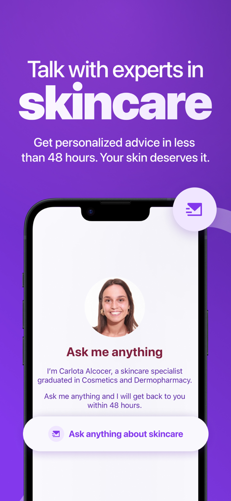 Alba - Skin Care Routine - A smartphone display of the Alba app showing an expert skincare specialist profile and an option to ask for personalized advice.