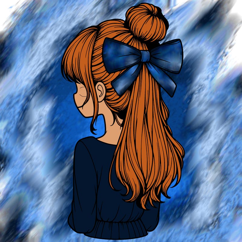 realistic girl  with hip length hair a bun and a big bow on the back of head