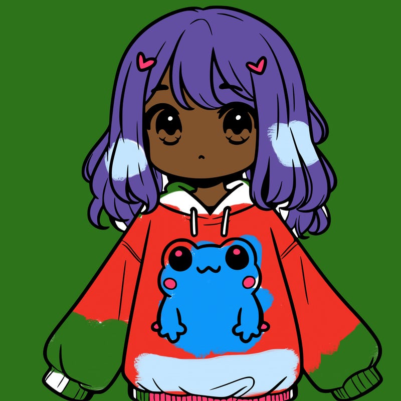 girl wearing frogging sweatshirt