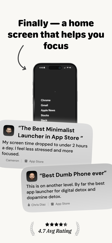 Minimalist Launcher app interface on an iPhone showing a text based home screen with user reviews about digital detox and focus