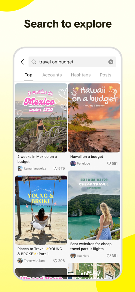 Interfaz de búsqueda de la aplicación Lemon8 que muestra resultados de viajes con presupuesto con postales estéticas