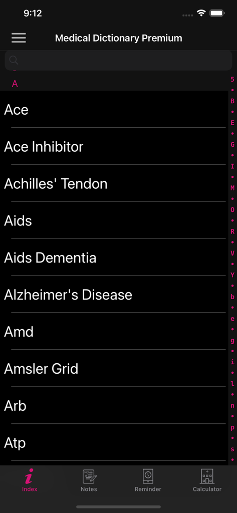 Lista alfabética de termos médicos, incluindo Ace Inhibitor e Alzheimers Disease, na tela do índice do aplicativo Medical Dictionary Premium