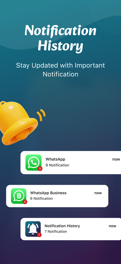 Pantalla promocional de la aplicación Historial de Notificaciones mostrando una campana de notificación amarilla y alertas de mensajes para WhatsApp y WhatsApp Business.