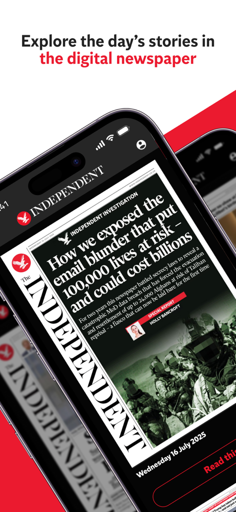 The Independent: Breaking News - iPhone画面にThe Independentデジタル新聞が表示され、速報見出しが見えます。