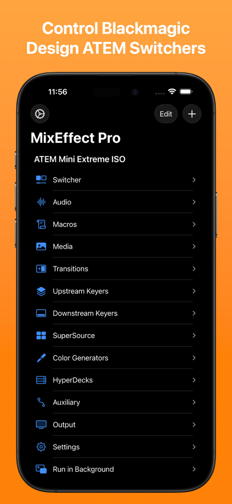 MixEffect Pro iPhone app main menu showing control options for Blackmagic Design ATEM switchers including audio, macros, and transitions