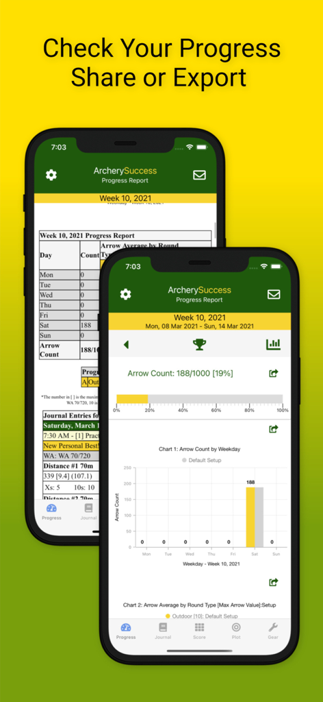 ArcherySuccess - Score & Plot - Interface do aplicativo ArcherySuccess exibindo relatórios de progresso semanais e gráficos de desempenho de contagem de flechas