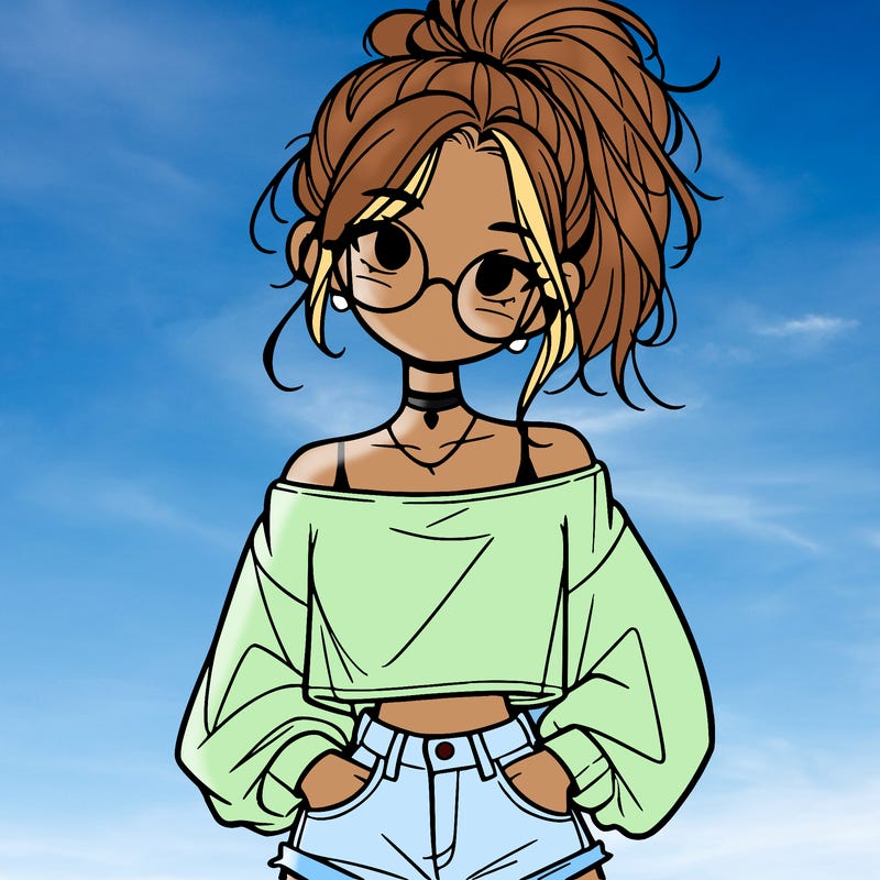 girl with a messy ponytail glasses a baggy crop top and jean shorts