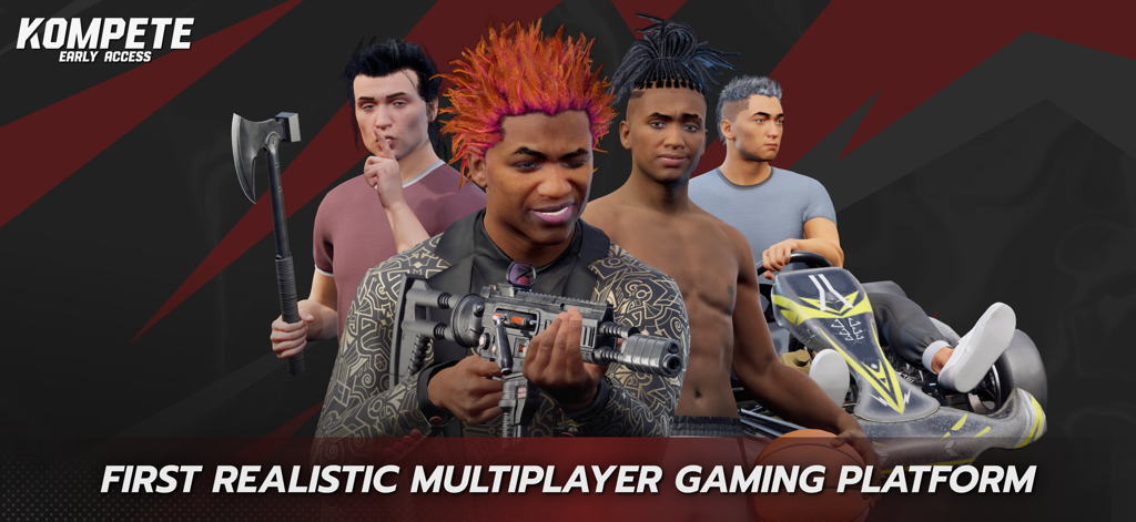 KOMPETE Early Access - Banner promocional de KOMPETE mostrando avatares de personajes realistas para varios modos de juego