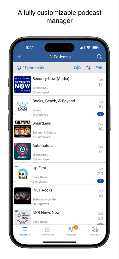 iCatcher podcast player interface showing a list of subscribed shows and unplayed episodes on an iPhone