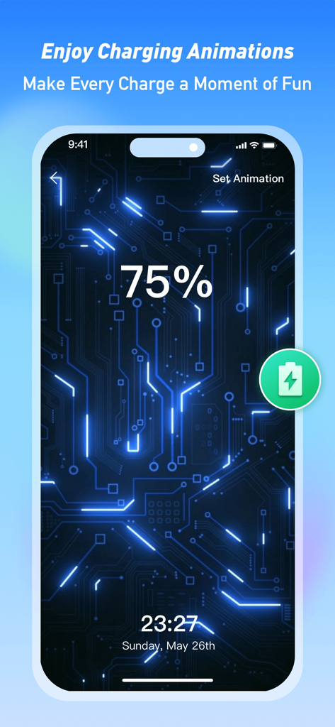 Futuristic blue neon circuit board charging animation on a smartphone screen