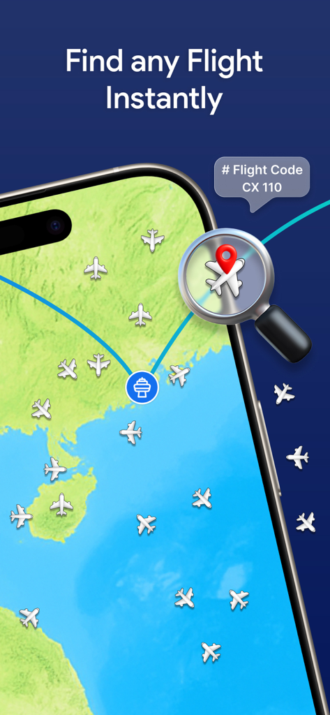 Flight Tracker · Live Radar 24 - Interface de l'application Flight Tracker montrant comment trouver n'importe quel vol instantanément en utilisant son code de vol sur une carte radar en direct