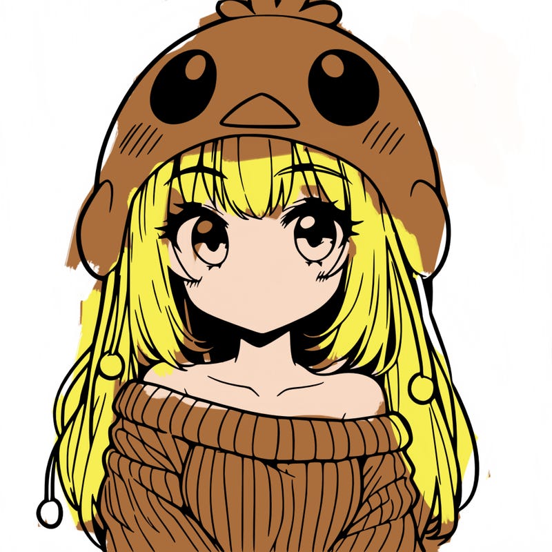 anime girl with chick shaped hat with sweater with bare shoulders with bangs covering them one eye with low tail