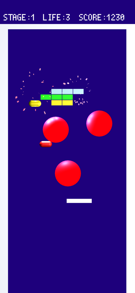 Breaking blocks in memory - Gameplay of a retro block breaking game with large red balls hitting colorful bricks