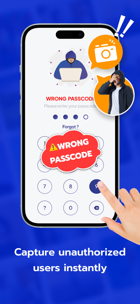 Pantalla de alerta de intrusos de SafeCalc Photo Vault capturando a usuarios no autorizados.
