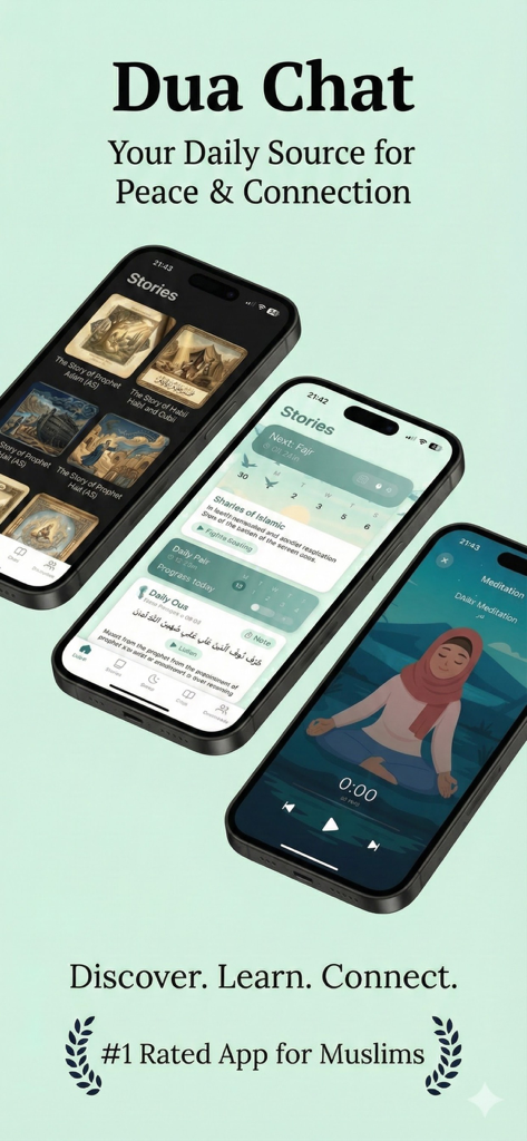 Dua Chat app promotional screens showing Quran stories daily prayer dashboard and meditation feature