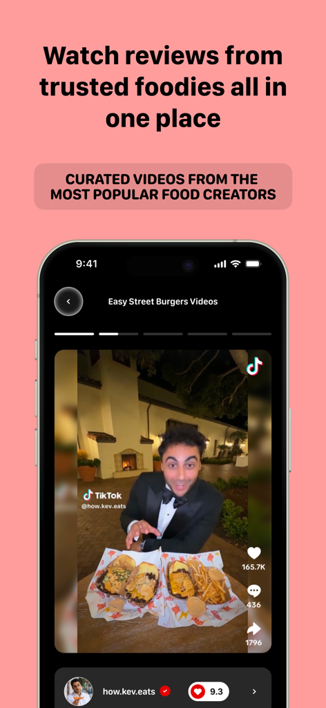 The Biter App - The Biter App interface showing a curated video review from a popular food creator for Easy Street Burgers