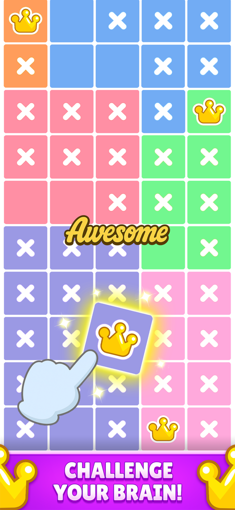 Queendoku: Queen Sudoku Puzzle - Captura de pantalla de la aplicación móvil Queendoku que muestra una colorida cuadrícula de lógica con coronas y el lema Desafía tu cerebro